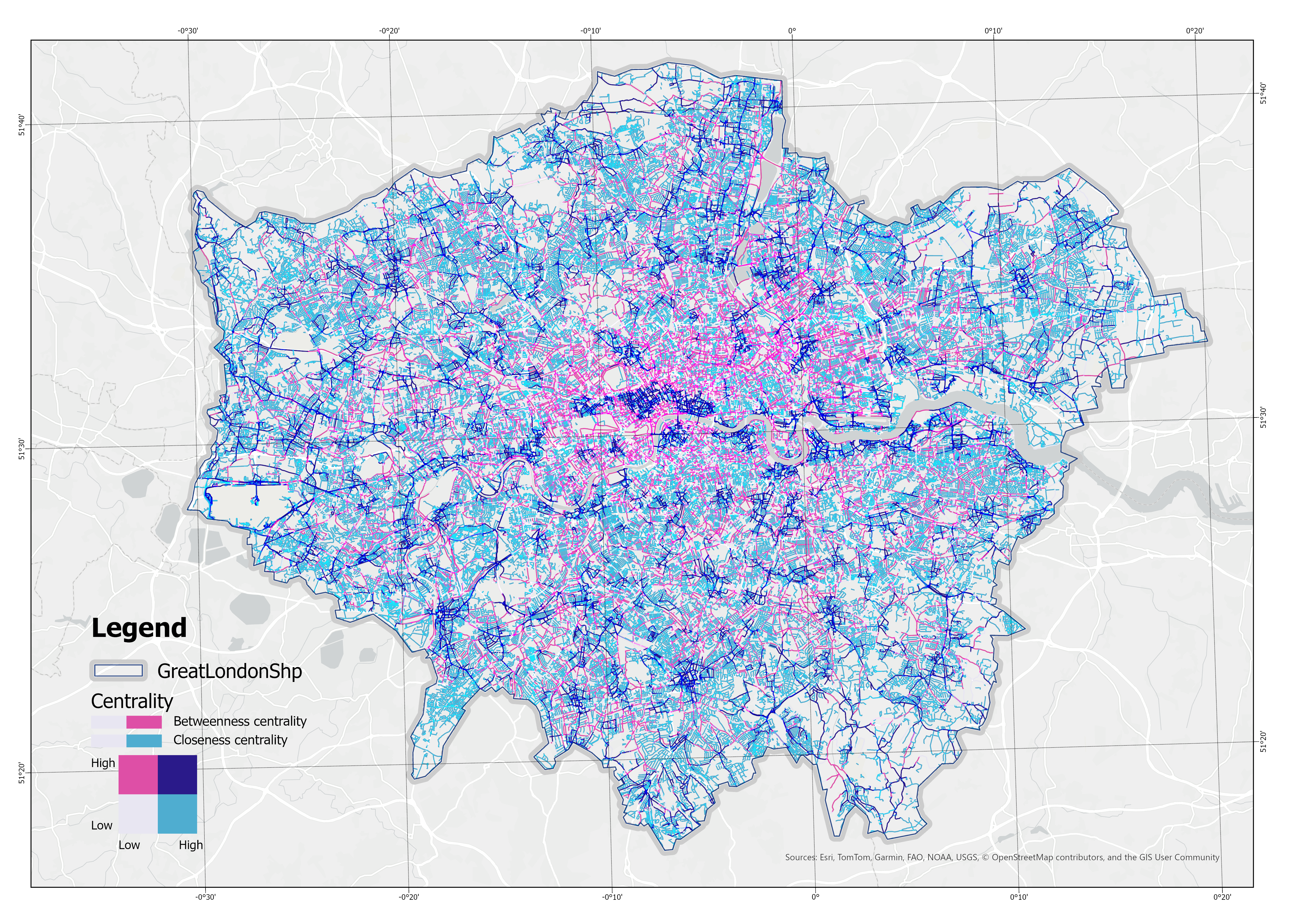 Betweenness and Closeness Centrality in London's Road Network