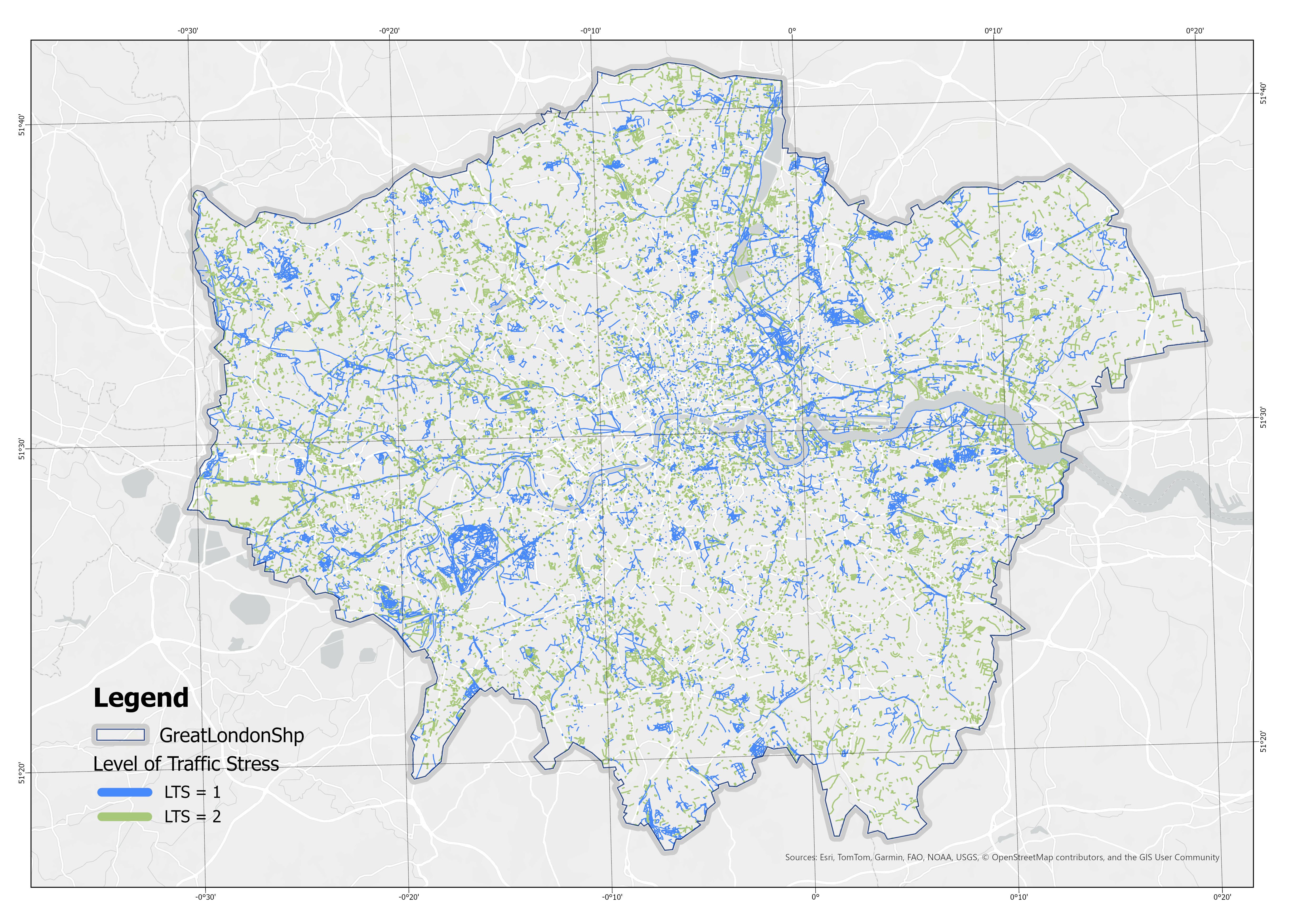Distribution of Low-Stress Routes (LTS 1 and 2) in London