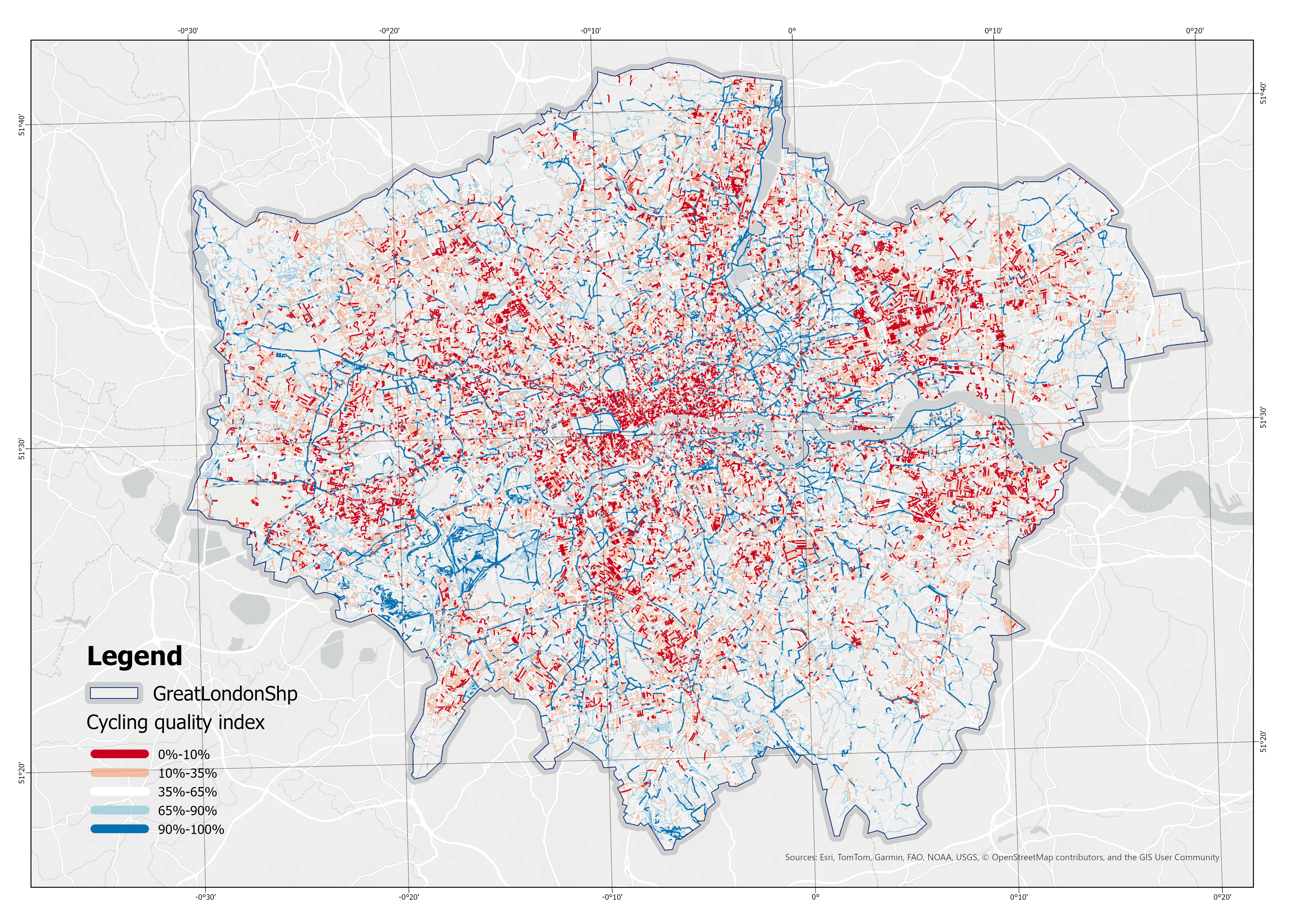 Spatial Distribution of the Cycling Environment Composite Index (CECI) by Quantile (Higher values indicate better performance)