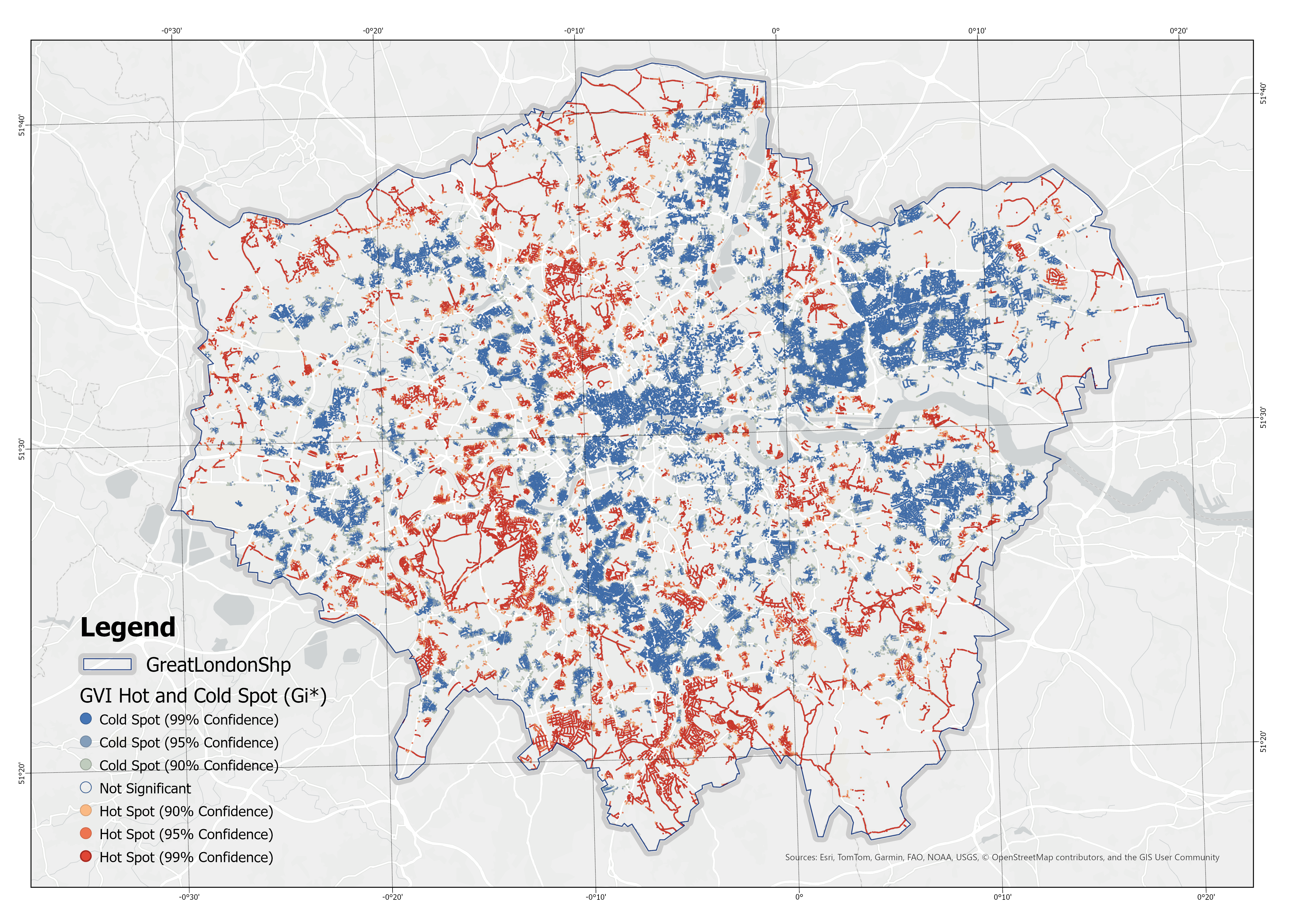 Hot and Cold Spot Analysis (Getis-Ord Gi*) of the Green View Index (GVI)